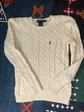 Ralph Lauren Cream Cable Knit Sweater Cotton Crewneck Pony XS Classic